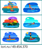 Rafting and summer sport set, collection of summer sports and people, sun and islands, clouds and water vector illustration isolated on white background. Rafting and Summer Sport Set Vector Illustration. Стоковая иллюстрация, агентство Ingram Publishing / Фотобанк Лори