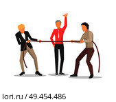 Competition of two men in process of businesstraining, business people pulling rope, as symbol of power on vector illustration isolated on white. Competition of Two Men on Vector Illustration. Стоковая иллюстрация, агентство Ingram Publishing / Фотобанк Лори