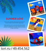 Summer love photographies with romantic couple spending honeymoon or dating on beach near written text on beach template background.. Summer Love Photos near Text Vector Illustration. Стоковая иллюстрация, агентство Ingram Publishing / Фотобанк Лори