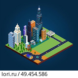 Buildings and district build poster with houses and skyscrapers greenery and trees, roads and cars, vector illustration isolated on blue background. Buildings and District Build Vector Illustration. Стоковая иллюстрация, агентство Ingram Publishing / Фотобанк Лори