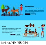 Guided tour on farm with deers and woman guide showing on exhibition with ornamental clay vases set of posters with place for text. Guided Tour on Farm with Deers and Woman Guide. Стоковая иллюстрация, агентство Ingram Publishing / Фотобанк Лори