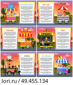Cotton candy and popcorn vans collection in park, vector illustration of ice cream pizza coffee hot dog mobile cafes set text sample, summer shops. Cotton Candy and Popcorn Vans Collection in Park. Стоковая иллюстрация, агентство Ingram Publishing / Фотобанк Лори