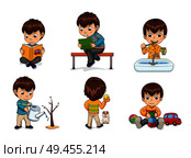 Boy activities collection, child reading book, playing with toys, watering tree and bushing teeth holding cup and toothbrush, vector illustration. Boy Activities Collection Vector Illustration. Стоковая иллюстрация, агентство Ingram Publishing / Фотобанк Лори