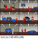 Car maintenance and tuning stages, auto mechanics fixing transports, professional service for drivers of vehicles, collection vector illustration. Car Maintenance Stages Set Vector Illustration. Стоковая иллюстрация, агентство Ingram Publishing / Фотобанк Лори