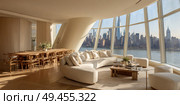 A large, open living room with a white couch and a coffee table. Стоковое AI-изображение, AI-художник Ярославский Максим / Фотобанк Лори