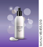 Night cream with vitamin A in bottle that has convenient dispenser glimmery promo poster. Cosmetic means for skincare realistic vector illustration.. Night Cream with Vitamin A in Bottle Promo Poser. Стоковая иллюстрация, агентство Ingram Publishing / Фотобанк Лори
