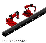 Modern product line of contemporary factory image isolated on white backdrop, red robots with hydraulic arms standing near moving plant s conveyor. Modern Product Line of Contemporary Factory Image. Стоковая иллюстрация, агентство Ingram Publishing / Фотобанк Лори
