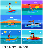 Summertime activities set with seascape, surfer and kitesurfing, swimming and boating, banana boat in summer isolated on vector illustration. Summer Activities Set Seascape Vector Illustration. Стоковая иллюстрация, агентство Ingram Publishing / Фотобанк Лори