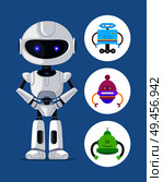 Droid standing calmly, collection of icons with robots having same pose, designed creature scientific element vector illustration, isolated on blue. Robot Standing Calmly Set Vector Illustration. Стоковая иллюстрация, агентство Ingram Publishing / Фотобанк Лори