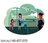 Mother and daughter at airport ready for leave. Family looks for shelter in other country. Parent with child want to embark plane vector illustration.. Mother and Daughter at Airport Ready to Leave. Стоковая иллюстрация, агентство Ingram Publishing / Фотобанк Лори