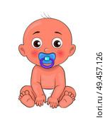 Newborn boy toddler with pacifier in mouth and dressed in diapers vector illustration of bold infant male isolated on white background, little baby. Newborn Boy Toddler Pacifier in Mouth and Diapers. Стоковая иллюстрация, агентство Ingram Publishing / Фотобанк Лори
