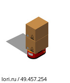 Transportation robot with boxes colorful banner isolated on white background, vector illustration of mechanic helper with red case, carton storages. Transportation Robot with Boxes Colorful Banner. Стоковая иллюстрация, агентство Ingram Publishing / Фотобанк Лори