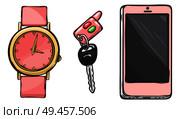 Watch, phone. Women Accessories. Collection of glamorous things for female people. Round pink clock on hand. Car key with pink key ring. Cartoon style. Flat design. Vector. Pink Watch, Car Key, Phone. Women Accessories. Стоковая иллюстрация, агентство Ingram Publishing / Фотобанк Лори