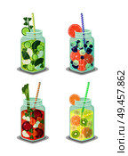 Detox beverages collection poured in jars, mugs set containing liquids with cucumber slices, banana pieces, grapefruit isolated on vector illustration. Detox Beverages Collection Vector Illustration. Стоковая иллюстрация, агентство Ingram Publishing / Фотобанк Лори