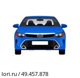 Modern practical car in blue corpus front view. Brandless vehicle that has transparent windows and bright lights isolated cartoon vector illustration.. Modern Practical Car in Blue Corpus Front View. Стоковая иллюстрация, агентство Ingram Publishing / Фотобанк Лори