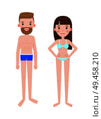 Man and woman in swimsuits or underwear. Male, female cartoon characters. Guy wears underpants, bra with bikini on girl isolated vector illustration.. Man and Woman in Swimsuits, Male Female in Cartoon. Стоковая иллюстрация, агентство Ingram Publishing / Фотобанк Лори