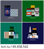 Medication and pharmacy posters with headlines set, tubes glass bottles, medical products containers, pills blisters collection vector illustration. Medication and Pharmacy Set Vector Illustration. Стоковая иллюстрация, агентство Ingram Publishing / Фотобанк Лори