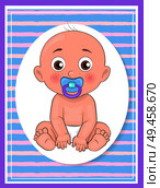 Its a boy poster newborn toddler with pacifier in mouth and dressed in diapers vector illustration of bold infant male isolated on blue in oval frame.. It Boy Poster Newborn Toddler with Pacifier Vector. Стоковая иллюстрация, агентство Ingram Publishing / Фотобанк Лори