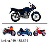 Sport motorcycles in shiny polished corpuses set. Fast bikes with powerful engine and comfortable leather seat isolated cartoon vector illustrations.. Sport Motorcycles in Shiny Polished Corpuses Set. Стоковая иллюстрация, агентство Ingram Publishing / Фотобанк Лори