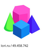 Geometric figures exposition colorful 3d models vector illustration with cube cone, tetrahedron and hexagonal prisms, isolated color solid shapes set. Geometric Figures Exposition Colorful 3d Models. Стоковая иллюстрация, агентство Ingram Publishing / Фотобанк Лори