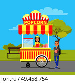 Popcorn stall and man in park, customer with seller, mobile shop at parkland, tree near bench to sit, business snack lanch store isolated on vector illustration. Popcorn Stall and Man in Park Vector Illustration. Стоковая иллюстрация, агентство Ingram Publishing / Фотобанк Лори