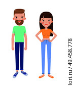 Man and woman in everyday apparel. Male or female wears blue jeans with t-shirt, bearded guy next to brunette girl vector illustrations on white.. Man and Woman Everyday Apparel Vector Illustration. Стоковая иллюстрация, агентство Ingram Publishing / Фотобанк Лори