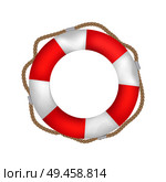 Striped red and white lifebuoy with rope around. Equipment for safety in water. Standard inflatable ring, lifeguard tool isolated vector illustration.. Striped Red and White Lifebuoy with Rope Around. Стоковая иллюстрация, агентство Ingram Publishing / Фотобанк Лори
