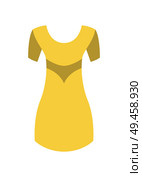 Yellow dress with round collar and short sleeves, made from cotton or silk, with belt on waist vector spring summer collection frock isolated on white. Yellow Dress with Round Collar Short Sleeve Vector. Стоковая иллюстрация, агентство Ingram Publishing / Фотобанк Лори