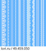 Vertical laces collection, white seamless borders for design. Light laced silhouettes isolated on blue. Vector decorative stripes stylized tapes. Collection Horizontal Laces Black Seamless Borders. Стоковая иллюстрация, агентство Ingram Publishing / Фотобанк Лори