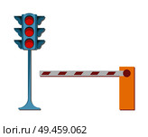 Traffic lights with red color and barrier not allowing to enter vector illustration isolated on white. Prohibited entrance signs, closed way concept. Traffic Lights Red Barrier Not Allowing to Enter. Стоковая иллюстрация, агентство Ingram Publishing / Фотобанк Лори