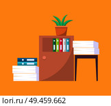 Office tables with folders and piles of documents. Plant in pot on wooden furniture for work environment isolated cartoon flat vector illustration.. Office Tables with Folders and Piles of Documents. Стоковая иллюстрация, агентство Ingram Publishing / Фотобанк Лори