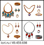 Expensive luxurious jewelry inlaid with gemstones. Gorgeous necklaces, cute ear-rings, gold or silver bracelets in sets isolated vector illustrations.. Expensive Luxurious Jewelry Inlaid with Gemstones. Стоковая иллюстрация, агентство Ingram Publishing / Фотобанк Лори