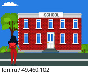 School two-storey building and girl with backpack back view standing in front of establishment on the road, flat vector illustration person outdoors.. School Two-Storey Building and Girl with Backpack. Стоковая иллюстрация, агентство Ingram Publishing / Фотобанк Лори