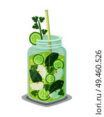 Mug of refreshing drink containing organic green cucumber, bay leaves, slices of apple, ice cubes vector vegetarian dieting cocktail with straw isolated. Mug of Rrefreshing Drink Contains Organic Products. Стоковая иллюстрация, агентство Ingram Publishing / Фотобанк Лори