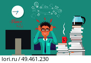 Plan help poster of angry man irritated because of deadlines, holding his head in hands trying to get new ideas to solve problems vector illustration. Plan Help Poster of Angry Man Vector Illustration. Стоковая иллюстрация, агентство Ingram Publishing / Фотобанк Лори