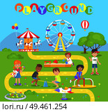 Playground with attractions full of little kids. Neat lawn, classic carousel, big ferris wheel and small swings cartoon flat vector illustration.. Playground with Attractions Full of Little Kids. Стоковая иллюстрация, агентство Ingram Publishing / Фотобанк Лори