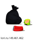 Organic and metal garbage, aluminum bottle of coca cola, ripe green apple with rotten parts, bag full of waste tied, isolated on vector illustration. Organic and Metal Garbage Vector Illustration. Стоковая иллюстрация, агентство Ingram Publishing / Фотобанк Лори