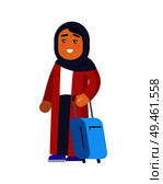 Muslim woman holding luggage and having calm smiling expression on face, lady wearing long clothes exited to travel, isolated on vector illustration. Muslim Woman Holding Luggage Vector Illustration. Стоковая иллюстрация, агентство Ingram Publishing / Фотобанк Лори