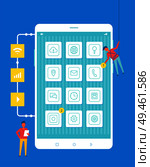 Developers improve mobile phones characteristics, fearless man tied on rope placing notifications on applications of applications, vector illustration. Developers Improve Cell Phone Vector Illustration. Стоковая иллюстрация, агентство Ingram Publishing / Фотобанк Лори