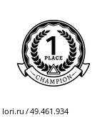 1st Place medal for champion monochrome logotype. Award or reward that given in sport championship emblem isolated cartoon flat vector illustration.. 1st Place Medal for Champion Monochrome Logotype. Стоковая иллюстрация, агентство Ingram Publishing / Фотобанк Лори