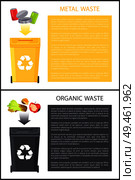 Metal and organic waste set, poster with text sample in colorful boxes, orange and apple, salad lettuce, aluminum cans collection vector illustration. Metal and Organic Waste Set Vector Illustration. Стоковая иллюстрация, агентство Ingram Publishing / Фотобанк Лори