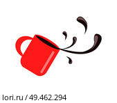 Cup with spilling coffee closeup, red mug with beverage giving energy in morning, falling container having handle isolated on vector illustration. Cup with Coffee Spilling, Vector Illustration. Стоковая иллюстрация, агентство Ingram Publishing / Фотобанк Лори