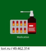 Medication poster with inhaler glass bottle and strip of pills. Capsules blister for treatment and patients recovery isolated on vector illustration. Medication Poster Inhaler Vector Illustration. Стоковая иллюстрация, агентство Ingram Publishing / Фотобанк Лори