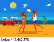 Girl and guy play volleyball on sea beach. Man near woman in swimwear spend time at seaside. Female or male character throws ball vector illustration.. Girl and Guy Play Volleyball on Beach near Sea. Стоковая иллюстрация, агентство Ingram Publishing / Фотобанк Лори