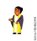 Muslim woman raising hand in order to show something, brunette standing in friendly pose wearing long dress and scarf, isolated on vector illustration. Muslim Woman Raising Hand Vector Illustration. Стоковая иллюстрация, агентство Ingram Publishing / Фотобанк Лори