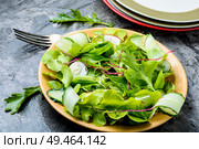 Spinach salad with fresh cucumbers,microgreen and quail eggs.Plate with tasty vegetable salad. Salad with mix salad leaves. Стоковое фото, агентство Ingram Publishing / Фотобанк Лори