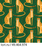 Seamless pattern with cheetahs, leopards. Repeated exotic wild cats on a green background. Vector illustration.. Seamless pattern with cheetahs, leopards. Repeated exotic wild cats on a green background. Vector illustration. Стоковая иллюстрация, агентство Ingram Publishing / Фотобанк Лори