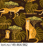Seamless pattern with cheetahs, leopards in the jungle. Repeated exotic wild cats in the background of the savannah. Vector stylized travel illustration.. Seamless pattern with cheetahs, leopards in the jungle. Repeated exotic wild cats in the background of the savannah. Vector stylized travel illustration. Стоковая иллюстрация, агентство Ingram Publishing / Фотобанк Лори