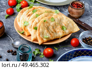 Cheburek, unleavened patty stuffed with minced meat.Traditional Tatar pastry. Cheburek,dough pie with meat filling. Стоковое фото, агентство Ingram Publishing / Фотобанк Лори