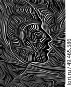 Profile face integrated in black and white woodcut pattern. On subject of the mind, consciousness, reason and human drama. Black and White Poetry series. Стоковое фото, агентство Ingram Publishing / Фотобанк Лори